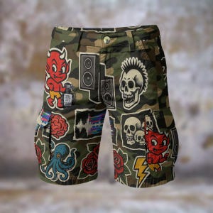 May include: Camouflage cargo shorts featuring assorted patches. Patches include a red devil, speakers, skulls, a brain, an octopus, roses, and a lightning bolt. The shorts have multiple pockets and a button fastening.