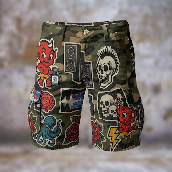 Camouflage Devil Skulls Mens Cargo Shorts Comfort Long Casual Camo