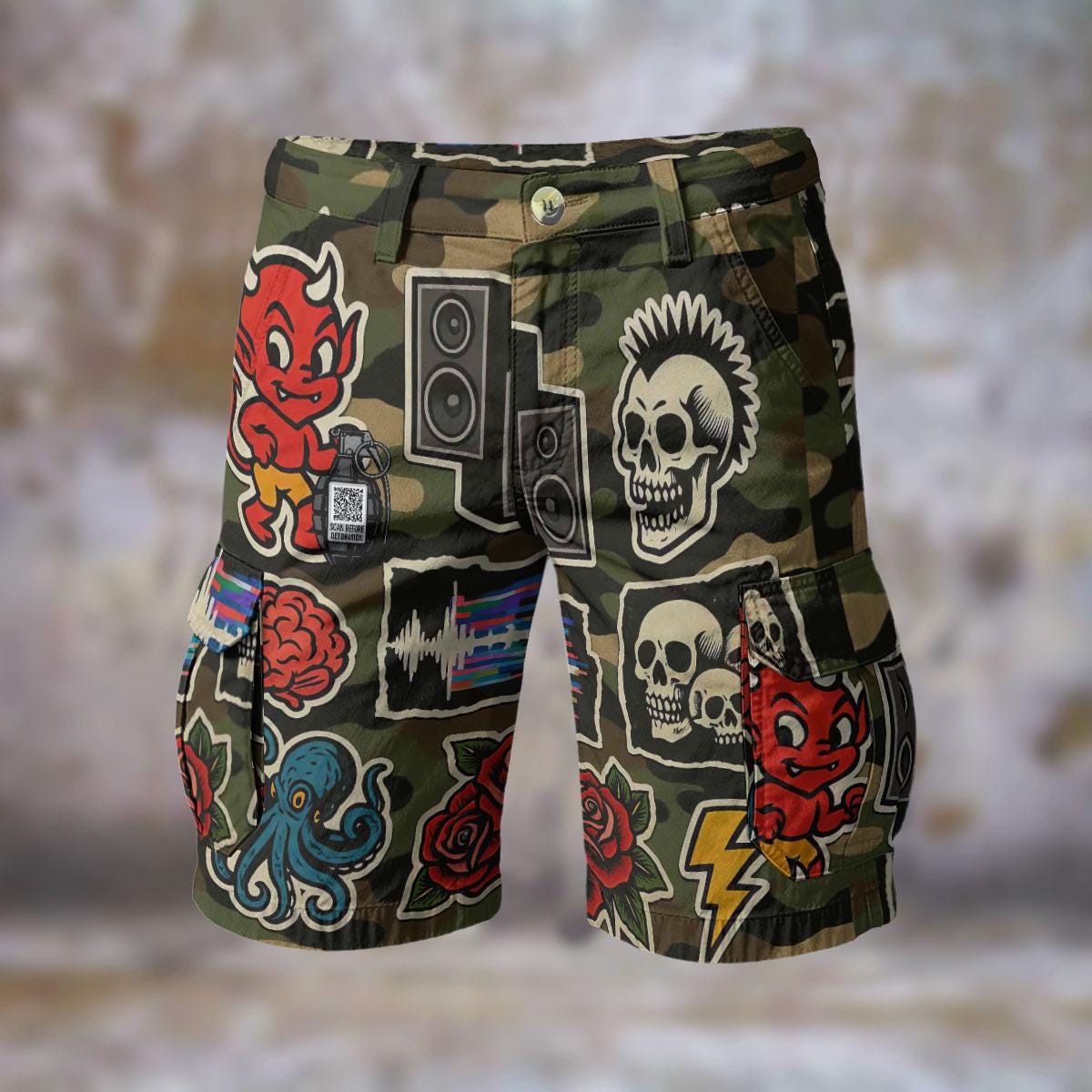 Camouflage Devil Skulls Mens Cargo Shorts Comfort Long Casual Camo