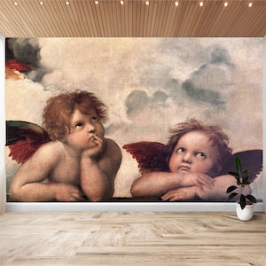 Puede incluir: Dos querubines con alas, uno con un ala roja y otro con un ala verde, miran hacia el cielo. Los querubines están pintados en estilo renacentista y se encuentran sobre un fondo nublado.