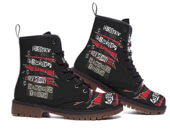 Botas de combate para hombre, estilo hardcore de la vieja escuela, estilo punk rock, con audio, código QR interactivo y cordones, ideal como regalo para rockeros, ropa de calle, color negro y rojo.