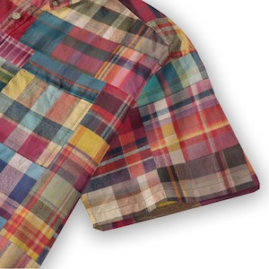 Muted Green Red Patchwork Madras Plaid Mens Short Sleeve Shirt Breathable Cotton Coconut Buttons Button Up Collared, Birthday Gift for Son image 4