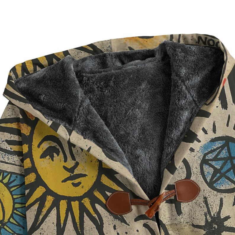 Jaqueta de algodão para feitiços mágicos, sobretudo de lã sherpa para bruxaria, capa com capuz para manifestação, casaco oculto, forro de pele esotérico unissex, Tarot Sun imagem 2