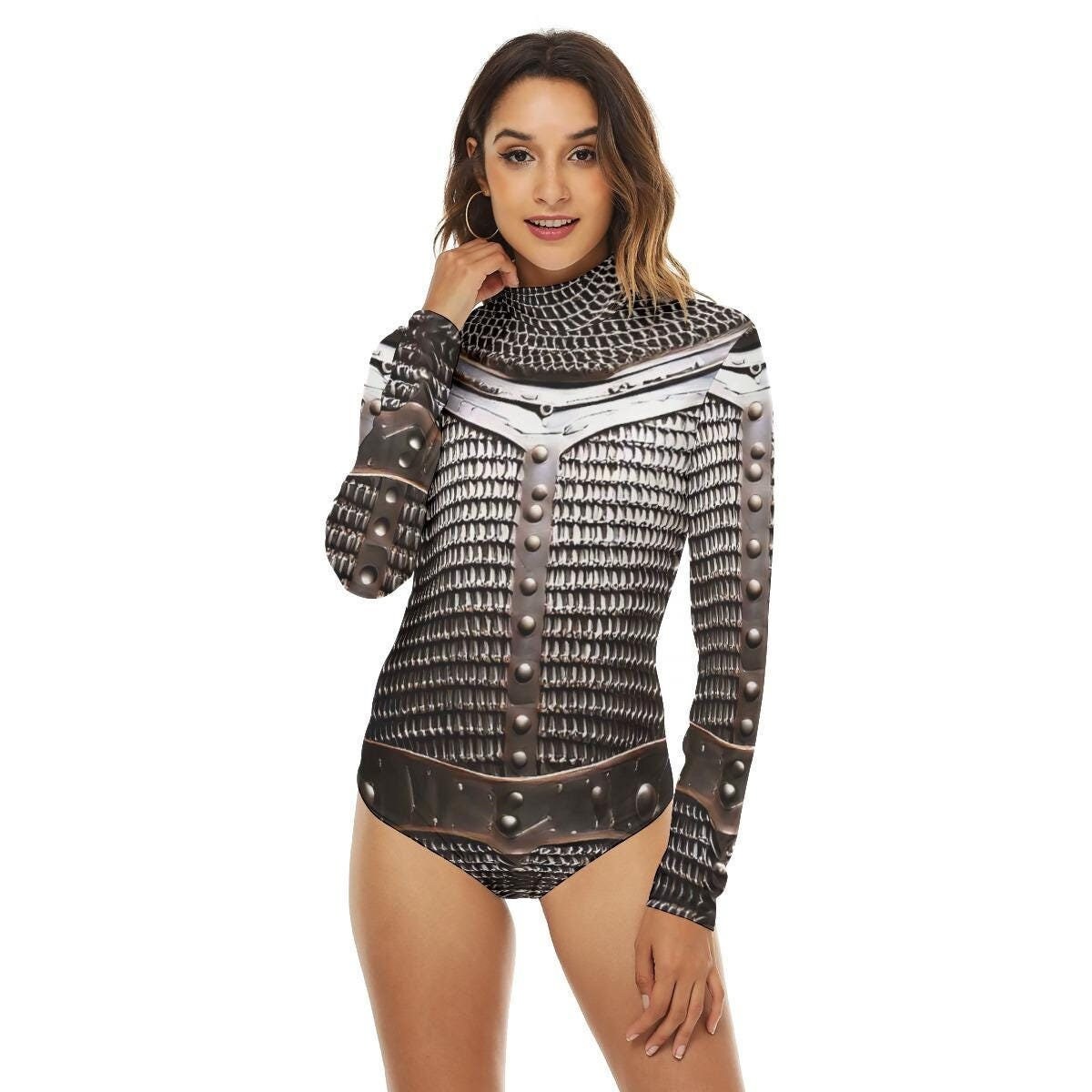 Knight in Shining Armor Bodysuit Joan of Arc Gladiator One Piece Renaissance Warrior Unitard Festival Silver Chainmail Medieval Leotard