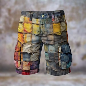 Op de afbeelding: Cargo shorts met een patchwork ontwerp in tinten geel, blauw, rood en grijs. De shorts hebben twee voorzakken, twee cargozakken en een knoopsluiting. De shorts zijn gemaakt van een duurzame stof.