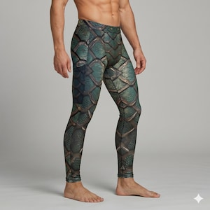 Könnte beinhalten: Grün-bronzefarbene Leggings mit Schuppenmuster. Die Leggings haben ein detailliertes Design, das an Reptilienschuppen erinnert. Die Farbpalette umfasst Grün-, Bronze- und Schwarztöne, wodurch ein strukturiertes Aussehen entsteht. Die Leggings sind figurbetont.