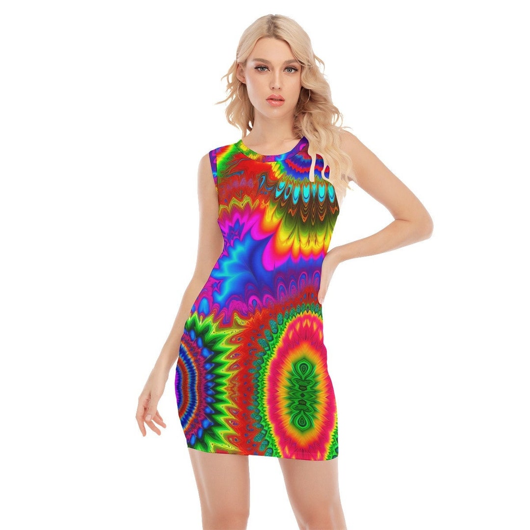 Festival Dress Trippy Psychedelic Fractal Bodycon Skin Tight Sleeveless ...