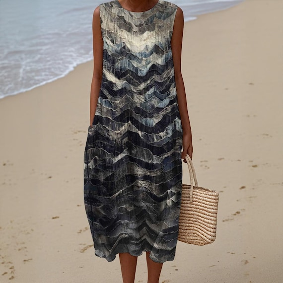 Fringed Denim Ombr Cotton Slub Dress Sleeveless Maxi Shift Summer Breezy Natural Fiber Slightly Sheer, Beach Resort Travel Yacht Grunge