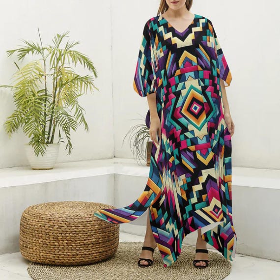 Southwestern Kaftan, Aztec Caftan, Flowy Tribal Maxi Dress, Geometric Abstract Loungewear Gown