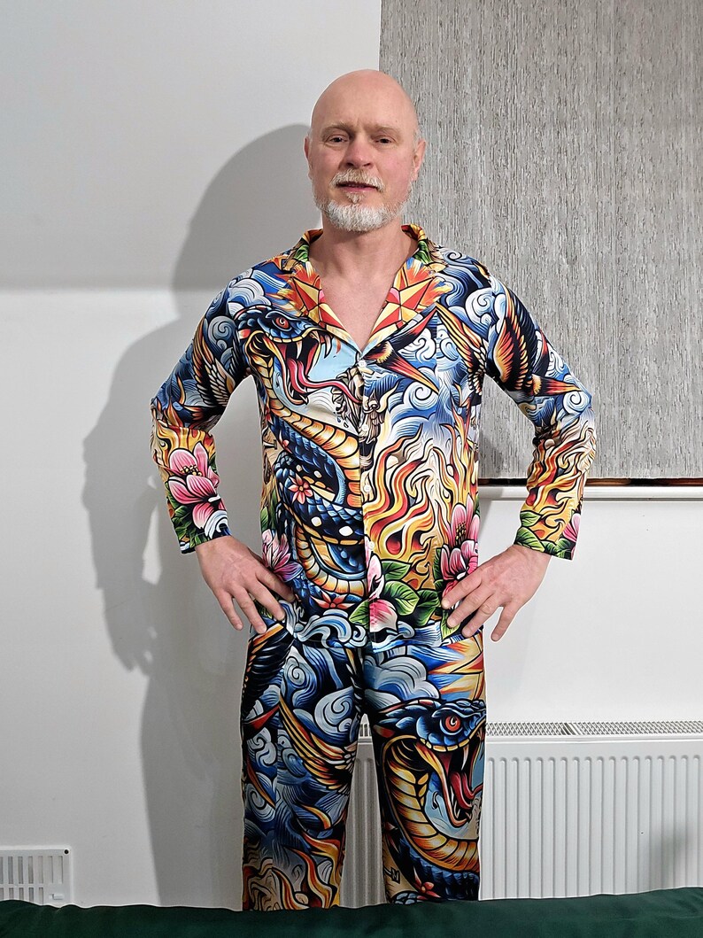 Tattoo Schlange Cobra Satin Pyjamas Nachtwäsche Geschenk Herrenmode Loungewear Luxus PJ's Geburtstag Vatertag Rockabilly Vintage Nautisch Bild 7