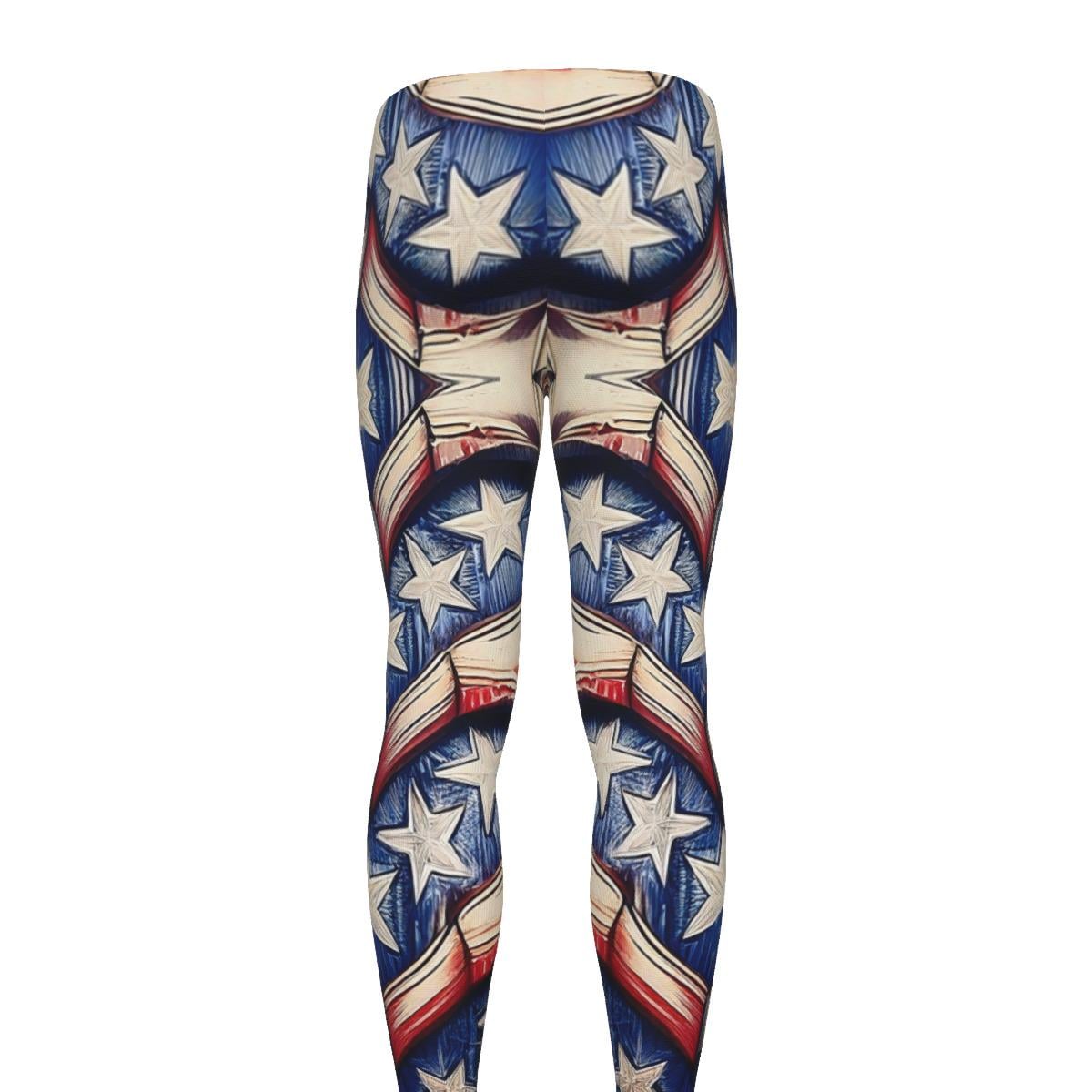 USA American Flag Mens Leggings Running Pants Workout Cycling Athletic Fitness Red White Blue Exercise Superhero Wrestling Luchador Cosplay