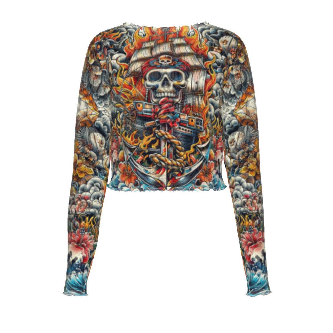Pirate Skull Mesh Blouse See Thru Tattoo Top Second Skin Tight Shirt ...