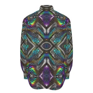 Psychedelic Snakeskin Mens Cotton Shirt, Long Sleeve Button Up Oxford Mans Dress Shirt, Trippy Rave Festival Rainbow Snake Python Cobra Gift