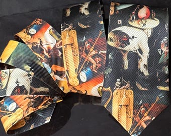 May include: Several neckties with a dark background and a detailed, colorful print of a historical painting. The ties are folded and displayed, showcasing the artwork's intricate details and vibrant colors.