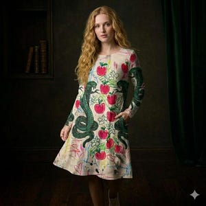 May include: A long-sleeved dress with a whimsical design. The dress features a cream-colored background adorned with green snakes, red apples, and white flowers. Colorful scribbles and doodles add to the playful aesthetic. The dress has a round neckline and pockets.