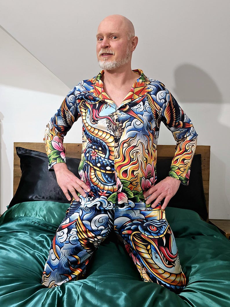 Tattoo Schlange Cobra Satin Pyjamas Nachtwäsche Geschenk Herrenmode Loungewear Luxus PJ's Geburtstag Vatertag Rockabilly Vintage Nautisch Bild 18