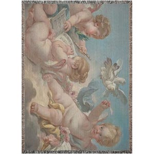 Boucher Cherub Cotton Woven Blanket, Putti Throw Cherubim Couch Cover Blanket Shawl, Rococo Decor Tapestry Angels Art, Made in U.S.A Cupid image 7