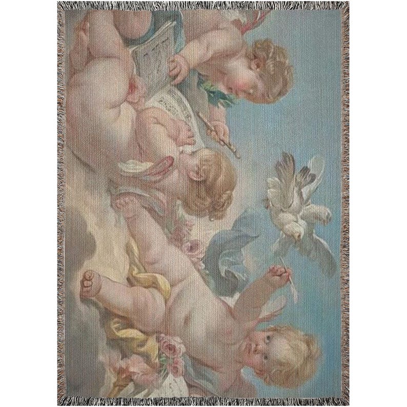 Boucher Cherub Cotton Woven Blanket, Putti Throw Cherubim Couch Cover Blanket Shawl, Rococo Decor Tapestry Angels Art, Made in U.S.A Cupid image 7
