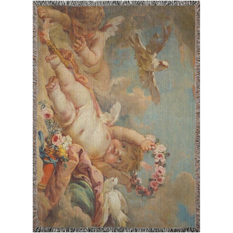Boucher Cherub Cotton Woven Blanket, Putti Scarf Shawl Cupid Throw Cherubim Couch Cover, Home Decor Tapestry Angel Gift Art, Made in U.S.A image 6
