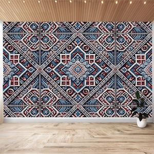 Fair Isles, carta da parati in broccato staccabile e attaccabile, murale in vinile, decorazioni fai da te per la casa, adesivo da parete, jacquard norvegese, blu islandese, piastrelle grigie