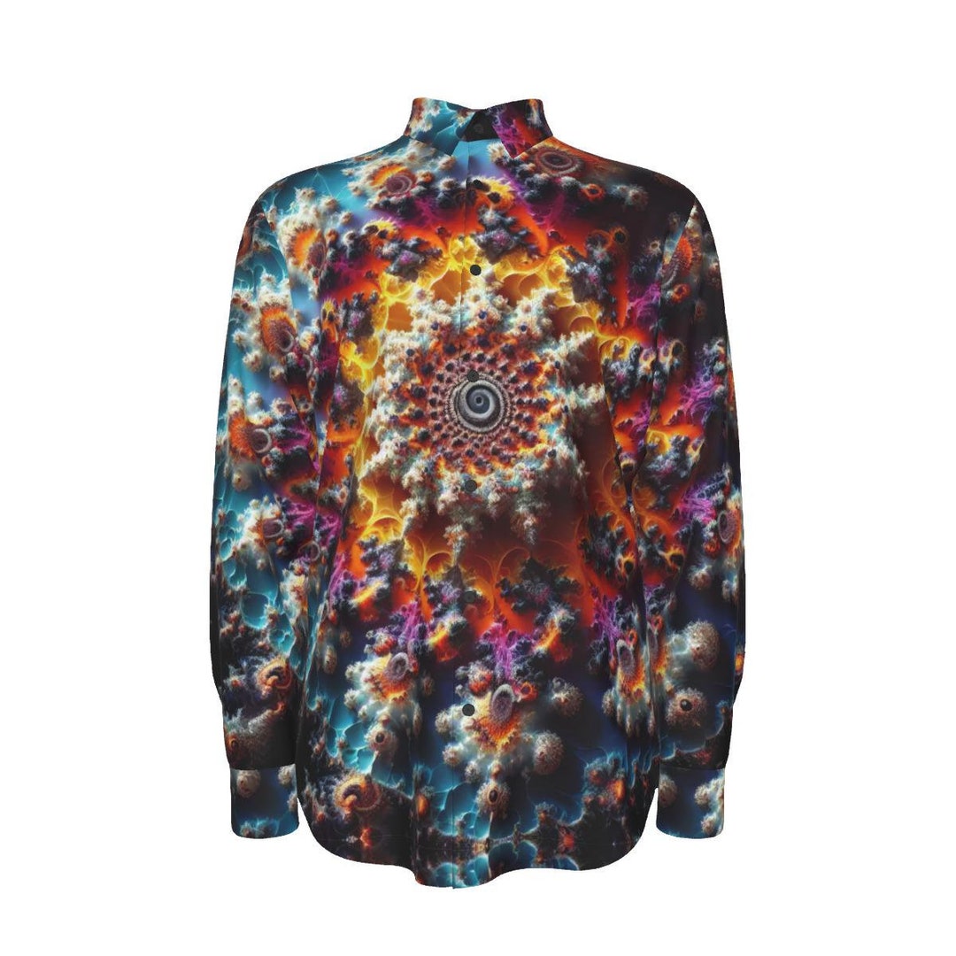 fractal dress shirts Psychedelic Mens Cotton Shirt, Long Sleeve Button up Oxford Mans Dress Shirt  Blue Rainbow , PSY Festival, Trippy Rainbow Holographic Fractal