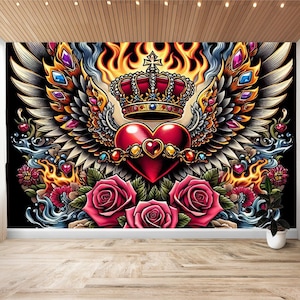 Heart Floral Angel Wallpaper Peel and Stick, Vinyl Wall Mural, Art Statement, DIY Home Decor, Wall Sticker, Tattoo Biker Chrome, Dorm Roses