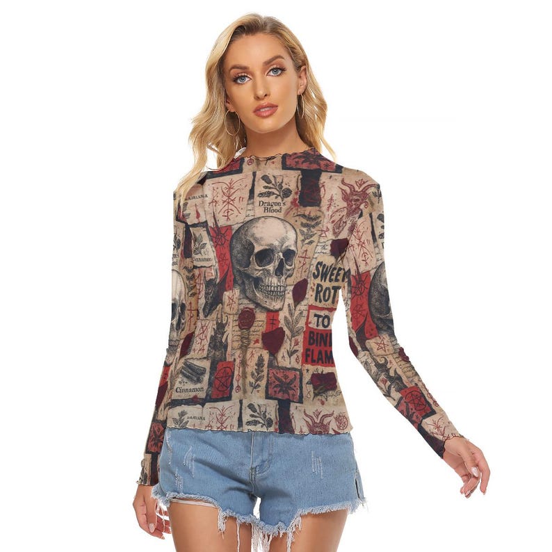 Chemisier transparent en maille sort de magie noire Chemise à manches longues transparente, sorcellerie crâne ésotérique gothique mystique image 2