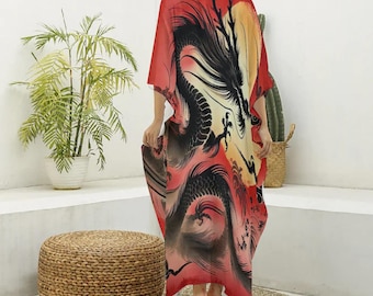 Red Imperial Dragon Caftan, Exotic Satin , Imitation Silk Kaftan, Boho Kimono Robe Maxi Dress Tunic Tie Dyed  Festival Gift, Goddess Lounge