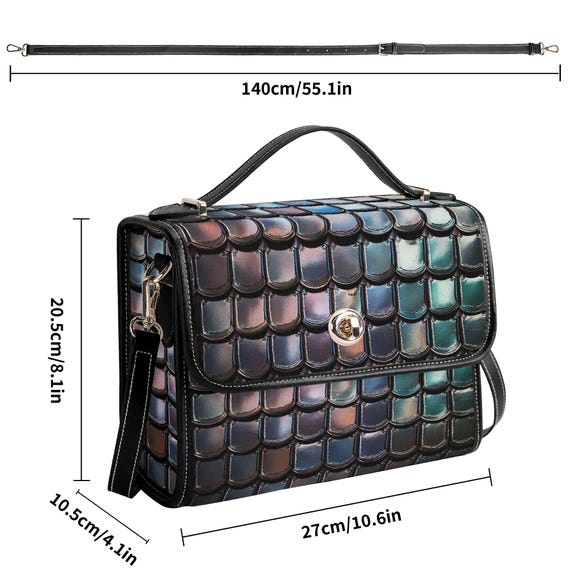 Iridescent Genuine Leather Satchel, Sequined Leather Handbag 