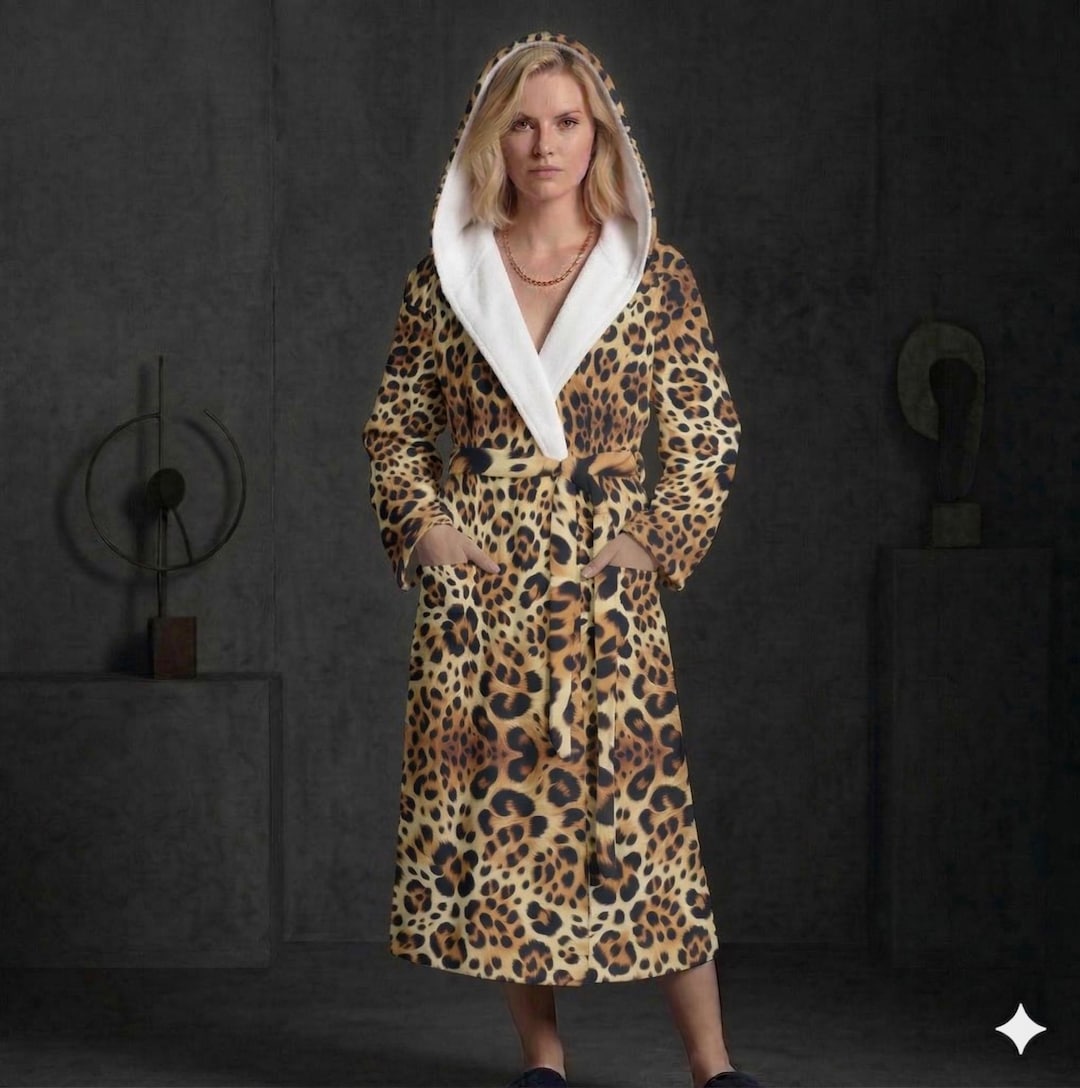 Leopard Print Long Bathrobe Cheetah Skin Hooded Cozy Lounge Maxi Robe ...