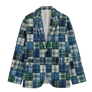 Blue Madras Patchwork Plaid Mens Sports Coat Blazer Suit Jacket Green Country Club Preppy Checkerboard Windowpane Tartan Gift Blackwatch