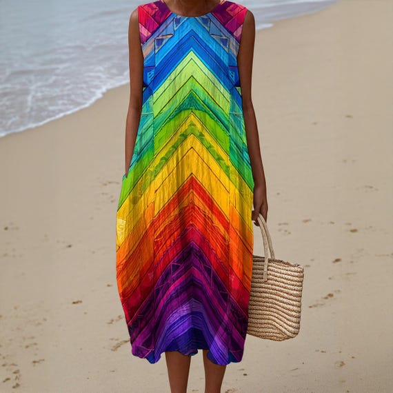rainbow cotton dress Hippie Rainbow Cotton Slub Dress, Sleeveless Maxi A-Line Summer Breezy Natural Fiber Slightly Sheer, Beach ,Resort Travel Yacht Festival