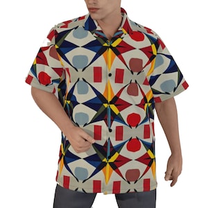 Aloha Hawaiian Shirt Cotton Short Sleeve, Gift Big Tall Mid Century Modern, Texas Star Mid Century Modernist Mod,  MCM Geometric Abstract