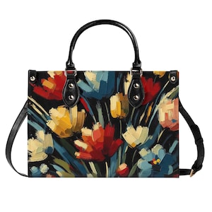 Bolso de mano de piel auténtica con tulipanes, cartera de piel con motivos florales oscuros, bolso de mano pictórico, bolso de hombro de alta costura de lujo, idea de regalo, artístico
