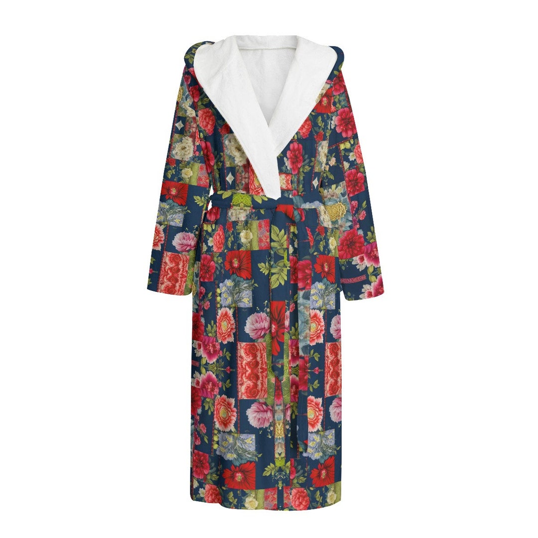 Bohemian Patchwork, Red Black, Hooded Bathrobe, Unisex Robe, Thick ...