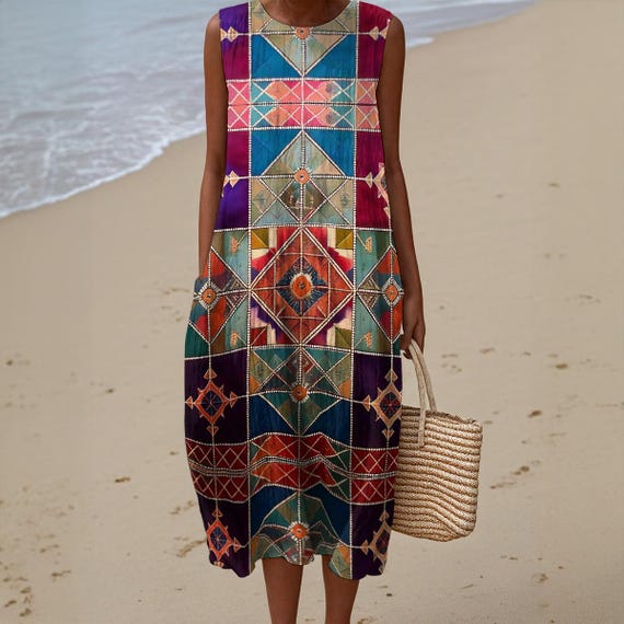 summer beach shift dresses Bohemian Floral Beach Coverup Dress  Auburn Recycled Silk Summer Shift Dress M