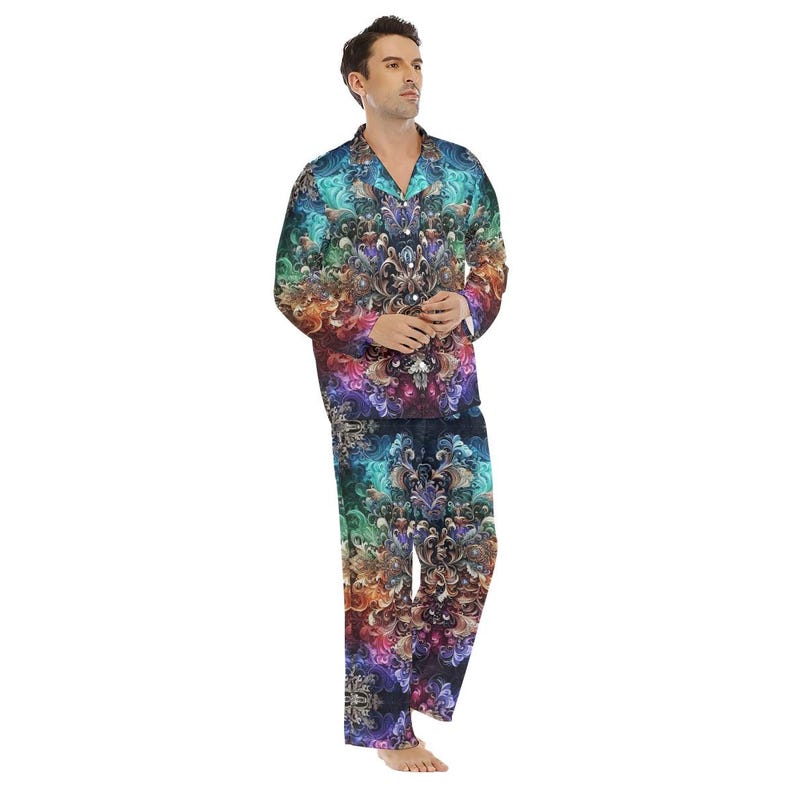Baroque Psychedelic Mens Satin Pajamas Button Down Sleepwear Set Gift ...