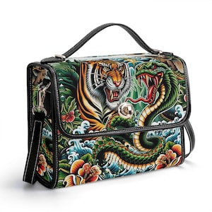 Cartera de piel auténtica con diseño de serpiente, cartera de piel con diseño de tatuaje, bolso de mano de piel con diseño de serpiente, bolso de hombro, cartera con diseño de tigre, bolso de mensajero con diseño de tigre, regalo