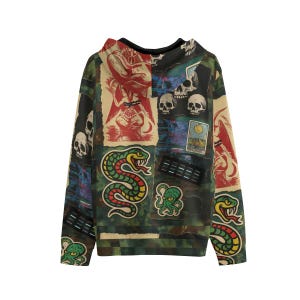 May include: A patchwork hoodie with a variety of graphics. The design includes images of skulls, snakes, and tarot cards. The color scheme is a mix of green, red, and beige. The hoodie has a drawstring hood and long sleeves.