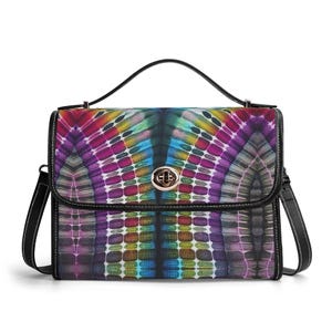 Cartera de piel auténtica con efecto tie-dye, cartera de piel psicodélica, bolso de mano hippie, bolso de mensajero para rave, bolso de hombro para festivales, cartera de arcoíris
