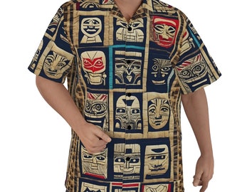 Tiki Masks Aloha Hawaiian Shirt Cotton Dress Short Sleeve Button Up Down Gift Big Tall XS/S/M/L/XL/2XL/3XL/4XL/5Xl Earth Tones Tapa Hawaii