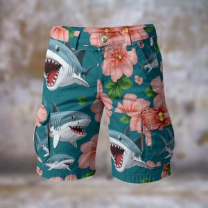 Shark Floral Mens Cargo Shorts Aloha Hawaiian Casual Walking Travel Statement Streetwear Vibrant Resort Showstopper Beach, Gift for Him