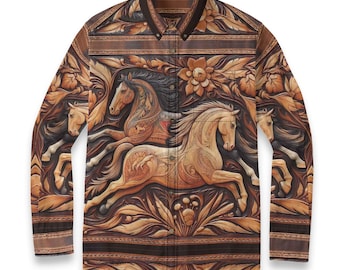 Western Horse Cowboy Rodeo Cotton Button Down Collar Long Sleeve Pocket Casual Floral  Resort Flip Cuff Southwestern Gift Equestrian Brown