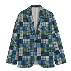 Green Madras Patchwork Plaid Mens Sports Coat Blazer Suit Jacket Blue Country Club Preppy Checkerboard Windowpane Tartan Gift Blackwatch