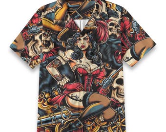 Pirate Pin Up Girl Cotton Bowling Shirt: Retro Tattoo Sailor Hawaiian