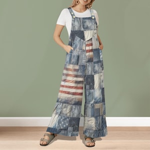 American Flag Jumpsuit USA Romper Overalls Patchwork Denim