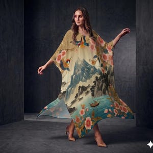 May include: A flowing, beige kimono-style garment with a scenic landscape print featuring mountains, birds, and flowers. The design incorporates shades of blue, green, and pink, creating a vibrant and artistic aesthetic. The garment is worn by a person.