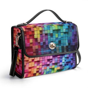 Bolso de mano de cuero genuino con ilusión óptica, bolso hippie con bloques de construcción, bolso de mensajero para rave, bolso de hombro para festivales, cartera de arcoíris de neón
