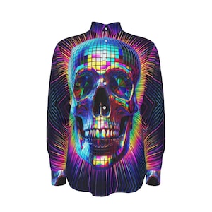Psychedelic Disco Skull Mens Cotton Shirt, Long Sleeve Button Up Oxford Mans Dress Shirt Purple Rave Trippy Gift for Him New Years Halloween