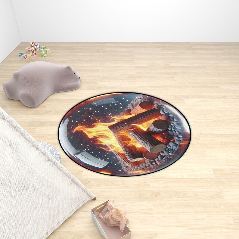 Log Fire Round Rug, Optical Illusion 3d Rugs, Circle Mats, Playroom ...